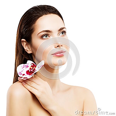 Woman Face Beauty Skin Care and Flower, Beautiful Girl Healthy Make Up Skincare and Treatment Stock Photo