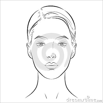 Woman face. Black and white line sketch front portrait Vector Illustration