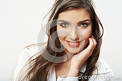 Woman face close up white backround . Smiling girl Stock Photo