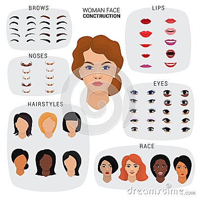 Woman face constructor vector female character avatar creation head lips nose and eyes illustration set of facial Vector Illustration