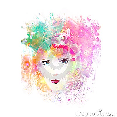 Woman face with creative abstract colorful spots elements on white background Stock Photo