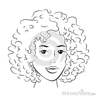Woman face with curly hair, black outline on white background Vector Illustration