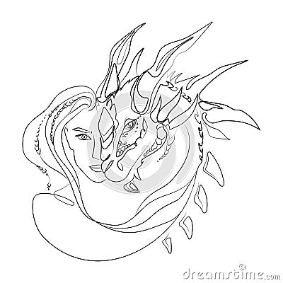 Woman face with dragon muzzle Line art drawing vector illustration.Magic, esoterics, occultism, fairy tale. Vector Illustration