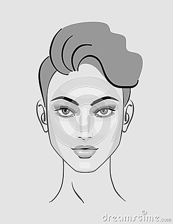 Woman face, eyes, hairstyle, portrait makeup for beauty. Black and White Vector Illustration