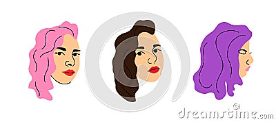 Woman face. Female heads different angles view, various hair colors pink purple and brunette, social media user avatars, fashion Vector Illustration