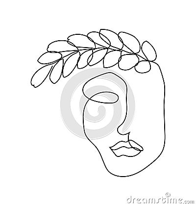 Woman face with ficus branch continuous line drawing. One line art of females silhouette abstraction with plants. Vector Illustration