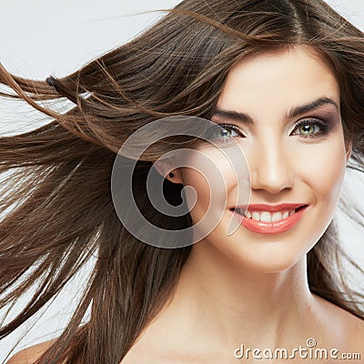 Woman face with hair motion on white background isolated Stock Photo