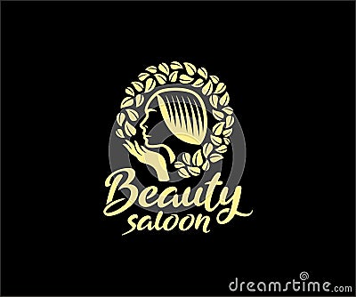 Woman face, hand and leaves, beauty salon and spa, logo design. Cosmetics, peeling, makeup and fashion, vector design Vector Illustration