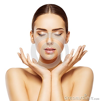 Woman Face Hands Beauty, Skin Care Makeup Eyes Closed, Make Up Stock Photo