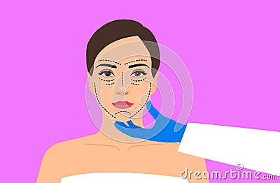 woman face with lines facial cosmetic and plastic surgery doctor hand in glove vector Vector Illustration