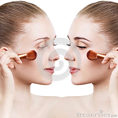 Woman face before and after makeup application. Stock Photo