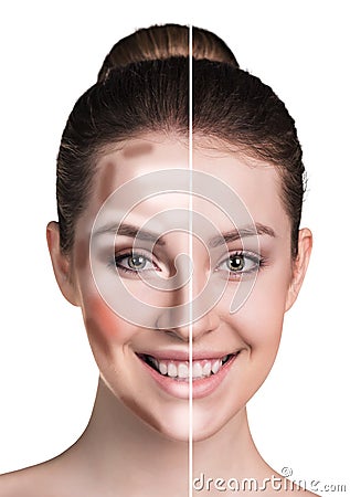 Woman face before and after makeup. Stock Photo