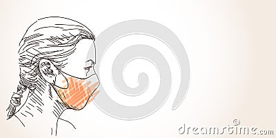 Woman in face mask for coronavirus prevention, portrait in profile, Covid-19 pandemic Hand drawn Vector Illustration