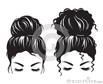 Woman face with messy hair bun silhouette Vector Illustration