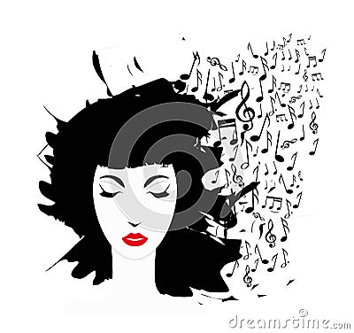 Woman face and musical notes Vector Illustration