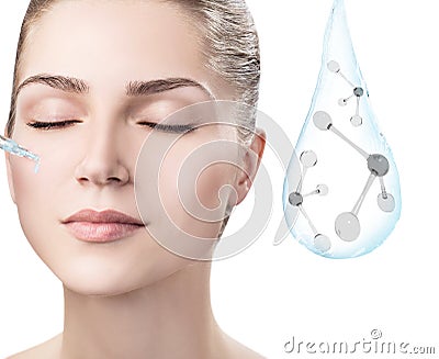 Woman face near water drop with molecules. 3d rendering. Stock Photo