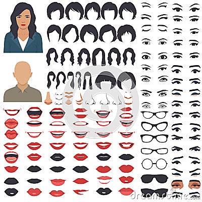 Woman face parts, character head, eyes, mouth, lips, hair and eyebrow icon set Vector Illustration