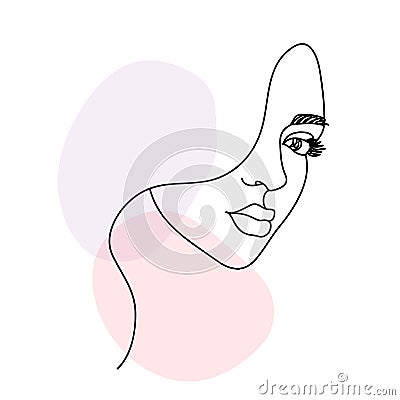 Woman face portrait in continuous one line drawing style. Vector Illustration