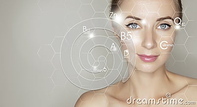 Woman face portrait with graphic icons of vitamins and minerals for skin treatment Stock Photo