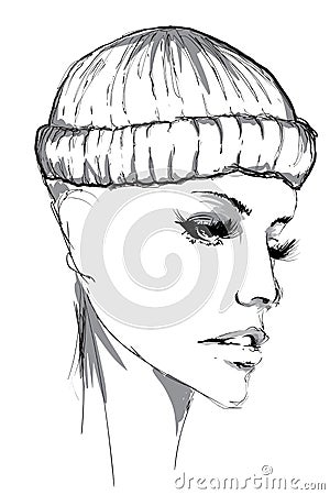 Woman face portrait with hat. Black and white. Illustration. Attractive, painting Vector Illustration