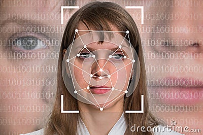 Woman face recognition - biometric verification Stock Photo