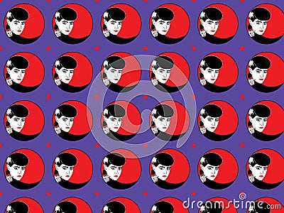 Woman face with red lips and nails colorful pattern circle background Vector Illustration