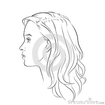 Woman face. Young beautiful girl with curly long wavy hair curls. Volume, haircut, hairdressing, hairstyle. Care and Vector Illustration