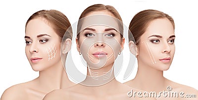 woman faces with arrows over white background. Face lifting con Stock Photo