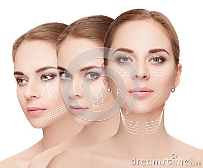 woman faces with arrows over white background. Face lifting con Stock Photo