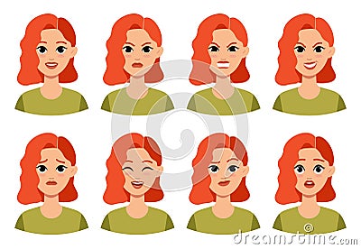 Woman faces. Sad and happy girl character, surprised and angry emotion, different smile people avatars, confused person Vector Illustration
