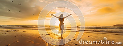 Woman facing the sunset with her hands up standing on a sea beach Stock Photo