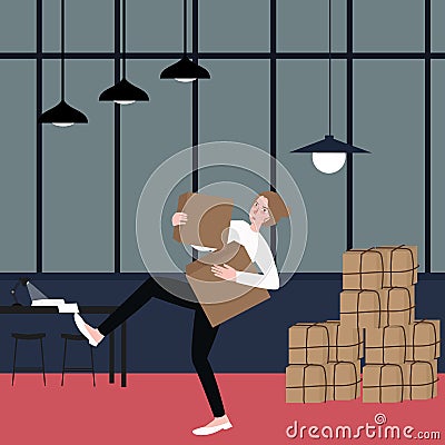 Woman almost fall holding bring cardboard box with pile of stacking package behind Vector Illustration