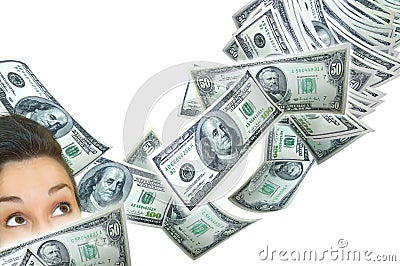 Woman and falling money Stock Photo