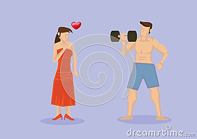 Woman Falls in Love with Muscular Man Vector Illustration