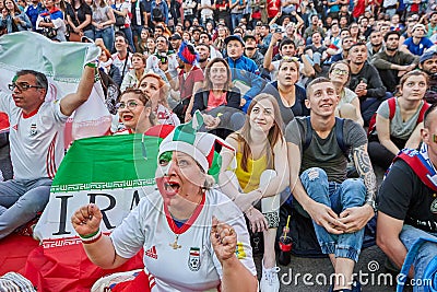 Woman fan from Iran emotionally reacts to football match, Russia Editorial Stock Photo