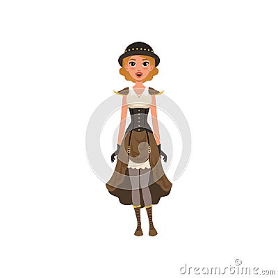 Woman in fancy steampunk clothing. Young girl in chemise dress, corset, gloves, bowler hat and boots with lacing. Flat Vector Illustration