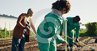 Woman, farm and environment with working and agriculture work with a smile of farmer. Sustainability, plants and garden Stock Photo