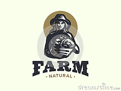 Woman farmer with basket of vegetables and fruits. Vector Illustration