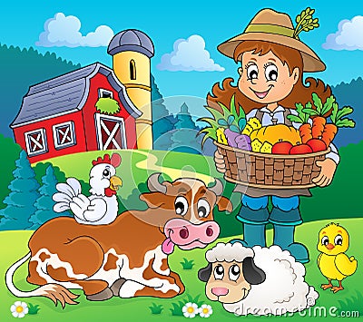 Woman farmer with harvest and animals Vector Illustration