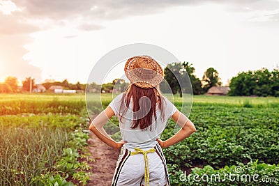 Woman farmer looking at vegetables on kitchen-garden in countryside. Agriculture and farming concept Stock Photo