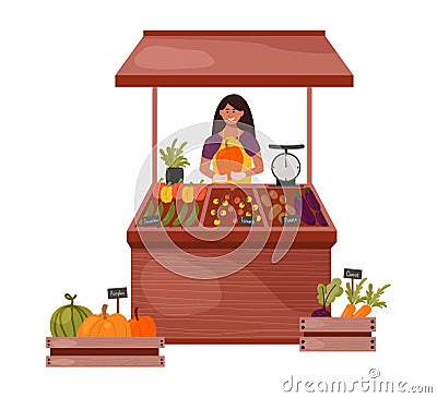 Woman farmer sells vegetables and fruits on the counter on the market Vector Illustration