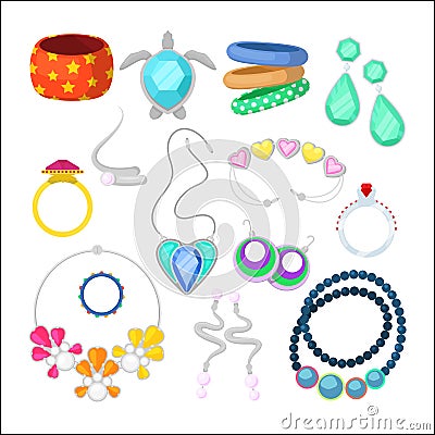 Woman Fashion Accessories Set with Rings and Jewelry Vector Illustration