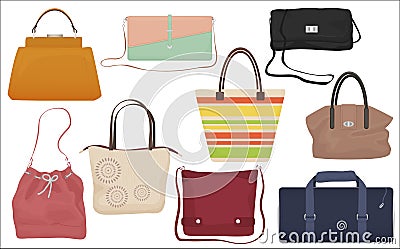 Woman fashion bags collection. Casual female handbag front icons set. Vector Illustration