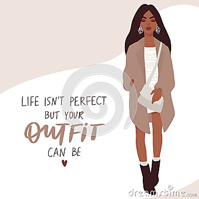 Woman fashion card in cartoon flat style. Stylish girl in trendy clothes Vector Illustration