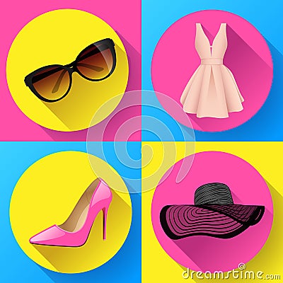 Woman fashion dress icon vector set - sunglasses, womens shoes, summer hat Vector Illustration