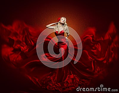 Woman Fashion Dress, Red Art Gown Flying Waving Silk Fabric Stock Photo