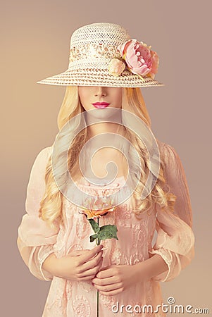 Woman in Fashion Straw Hat Holding Peony Flower, Girl Pink Dress Stock Photo