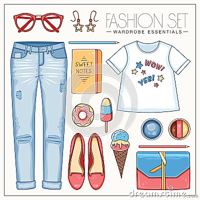 Woman fashion summer set with t shirt, clutch and jeans Vector Illustration