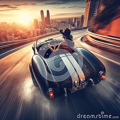 woman fast drive vintage roadster jumping slope arriving the city motion blurred, secondary road Stock Photo