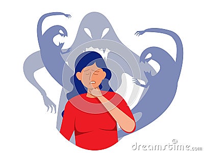 Woman fear and crying with imaginary ghosts flying around her Mental disorder and diseases, psychopath or schizophrenic person. Vector Illustration